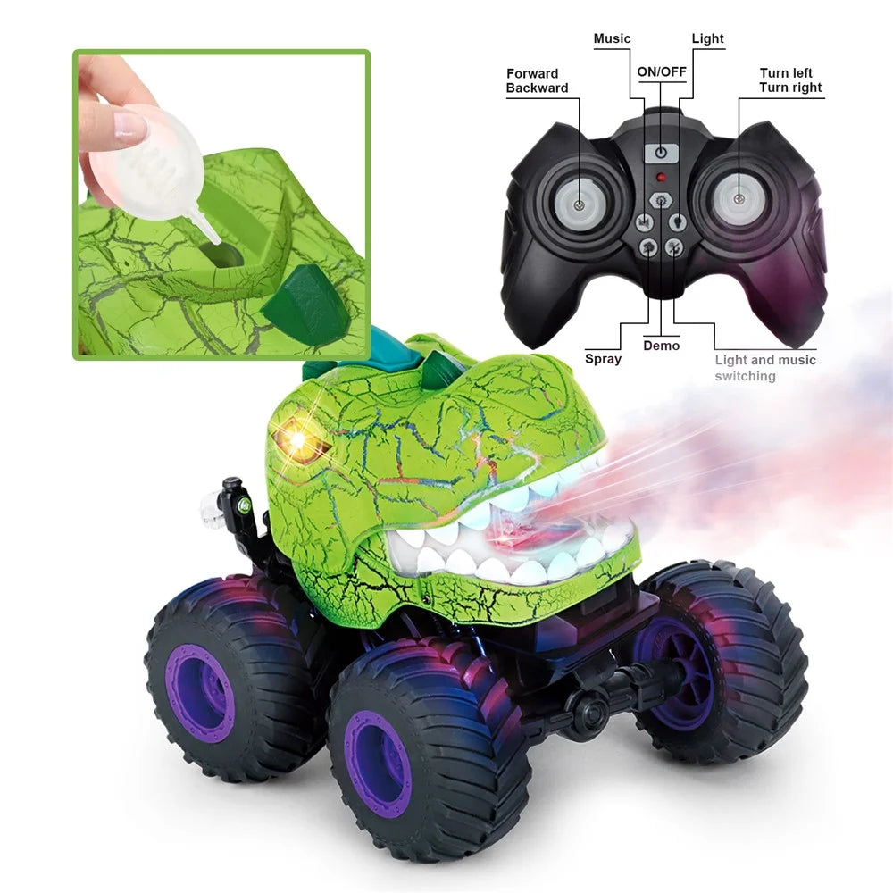KY-S203A Cracked Pattern 1 / 20 Remote Control Toy Car Light Music Mist Spray Function Dinosaur Head Stunt Car - Green - 7