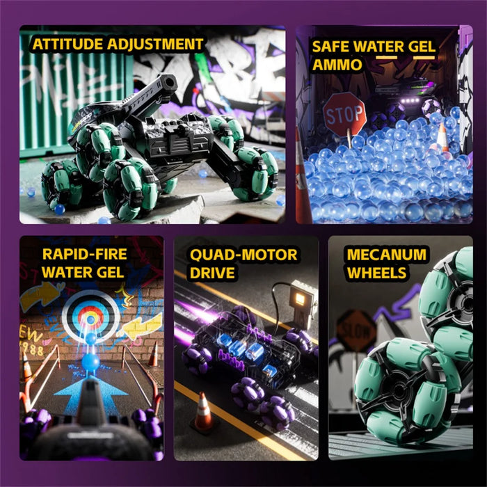 4DRC 4D-Y13 Water Bomb Launcher Dual Control 6 Wheel Drive RC Stunt Tank Children Gift, with 2 Batteries - Purple - 4
