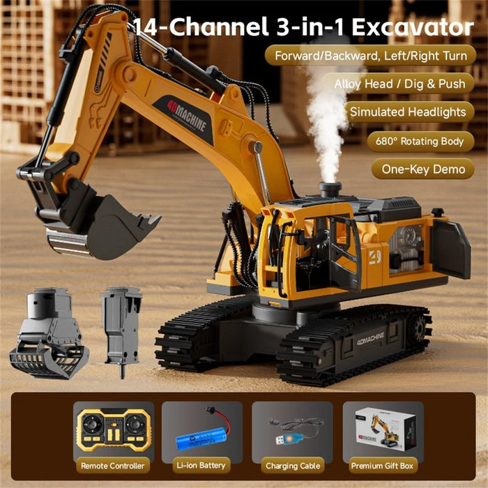4DRC 4D-E1 3 in 1 Alloy 100m Remote Control Excavator Toy 2.4G RC Excavator Kids Gift with Light / Spray / Sound Effects Single Battery - Yellow - 3