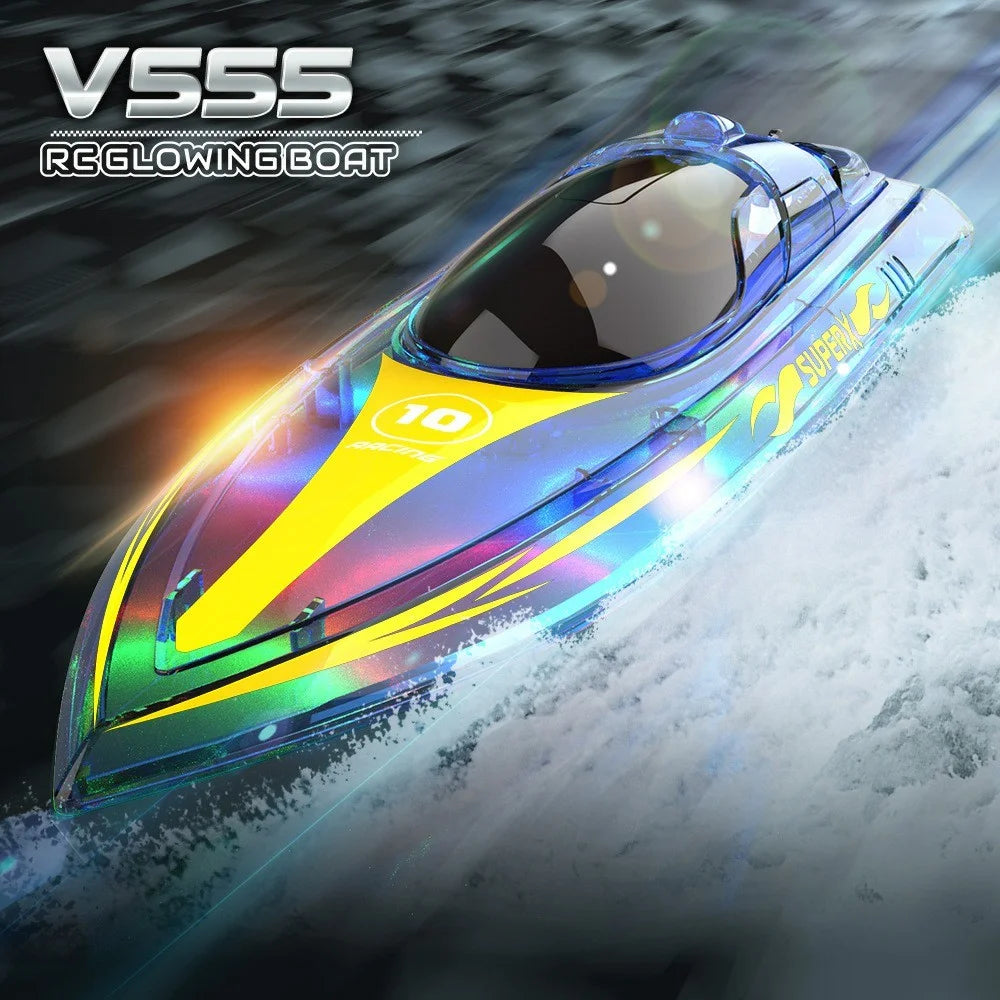 V555 2.4G RC Boat with 2 Batteries High Speed Remote Control Racing Speedboat with LED Light for Children Toy - Blue - 2