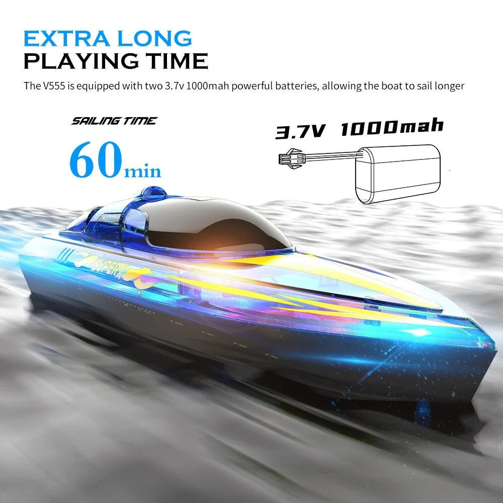V555 2.4G RC Boat with 2 Batteries High Speed Remote Control Racing Speedboat with LED Light for Children Toy - Blue - 6