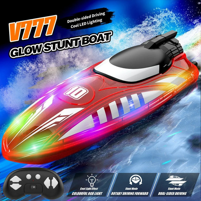 V777 2.4G Remote Control Stunt Boat Toy with 1 Battery High Speed Electric RC Boat with RGB LED Light for Children - Blue - 2