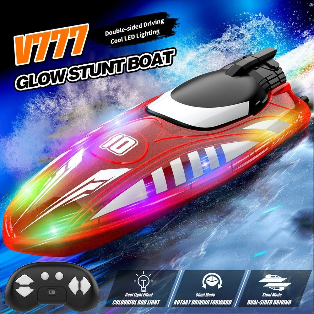 V777 2.4G Remote Control Stunt Boat Toy with 2 Batteries High Speed Electric RC Boat with RGB LED Light for Children - Blue - 2