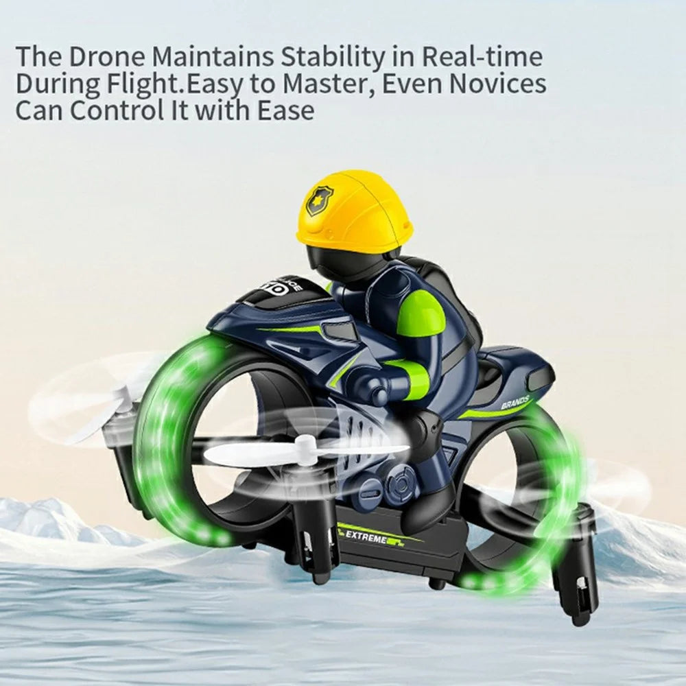 H141 2 in 1 Flying Motorbike RC Toy Land Air Dual Mode 7-Color LED Lights 2.4G Remote Control Motorcycle Toy - Blue - 2