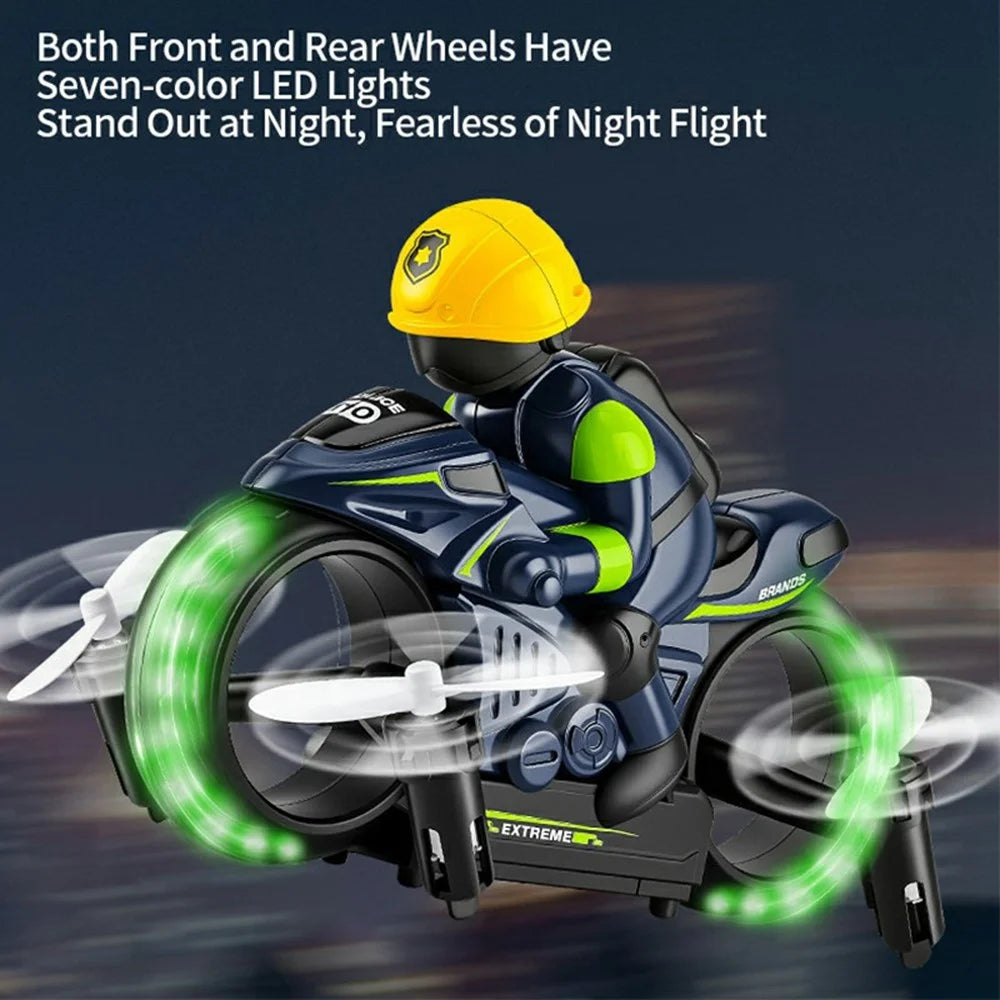 H141 2 in 1 Flying Motorbike RC Toy Land Air Dual Mode 7-Color LED Lights 2.4G Remote Control Motorcycle Toy - Blue - 3
