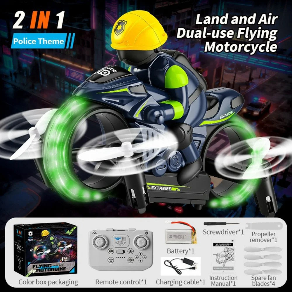 H141 2 in 1 Flying Motorbike RC Toy Land Air Dual Mode 7-Color LED Lights 2.4G Remote Control Motorcycle Toy - Blue - 7