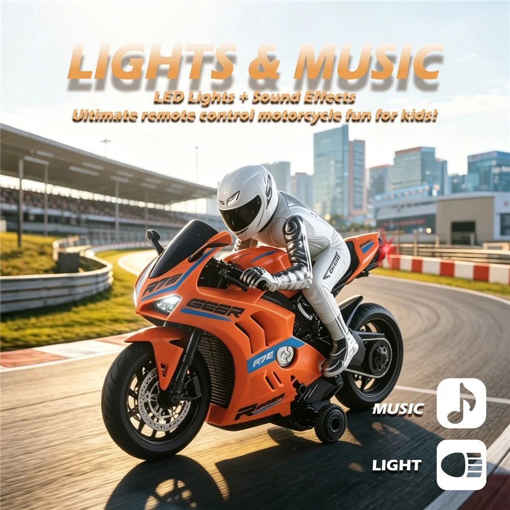 UJ99-MT06 1:8 Scale RC Motorcycle 2.4GHz Remote Control 360° Rotate LED Lights Sound Motorbike RC Toy for Kids - Orange - 2