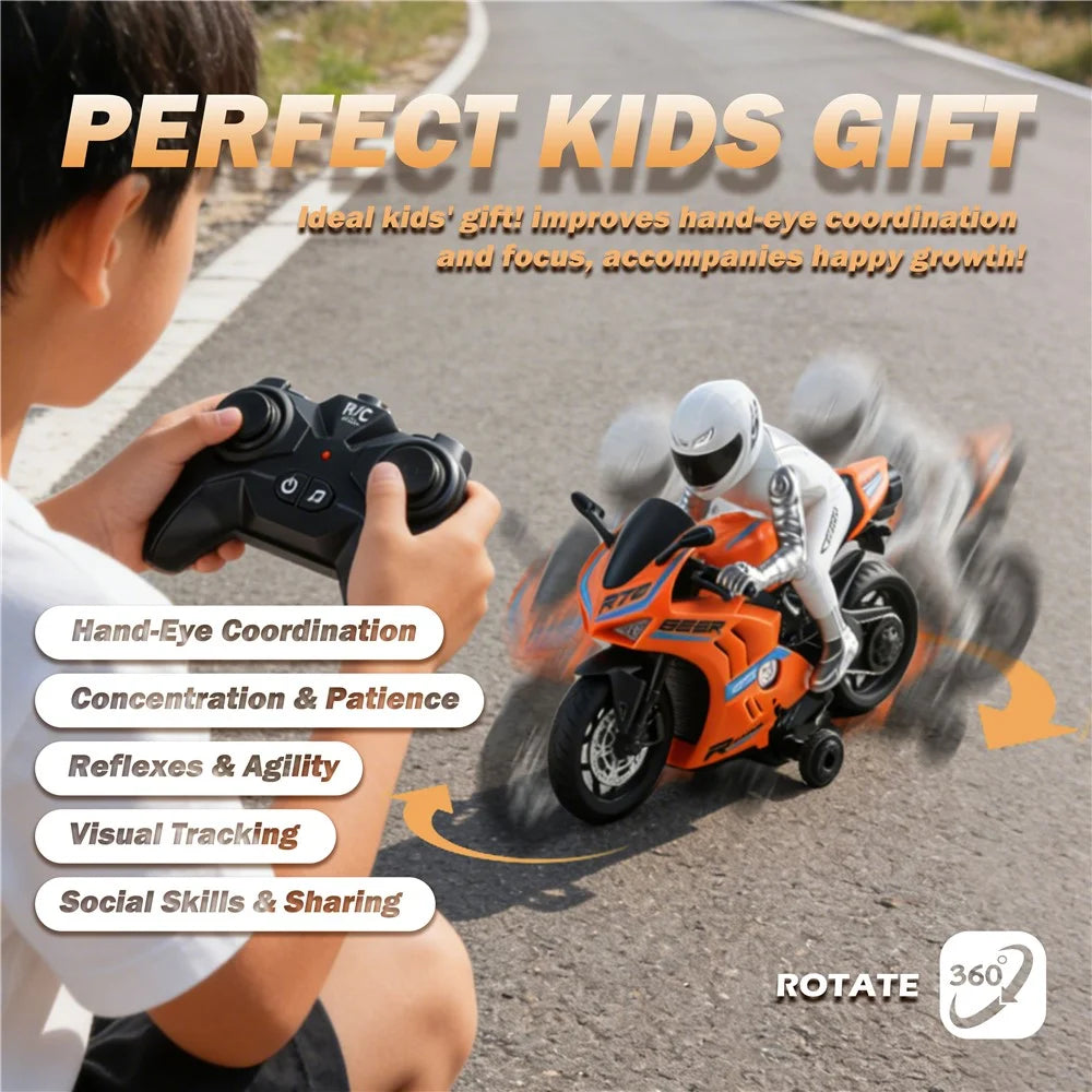 UJ99-MT06 1:8 Scale RC Motorcycle 2.4GHz Remote Control 360° Rotate LED Lights Sound Motorbike RC Toy for Kids - Orange - 4