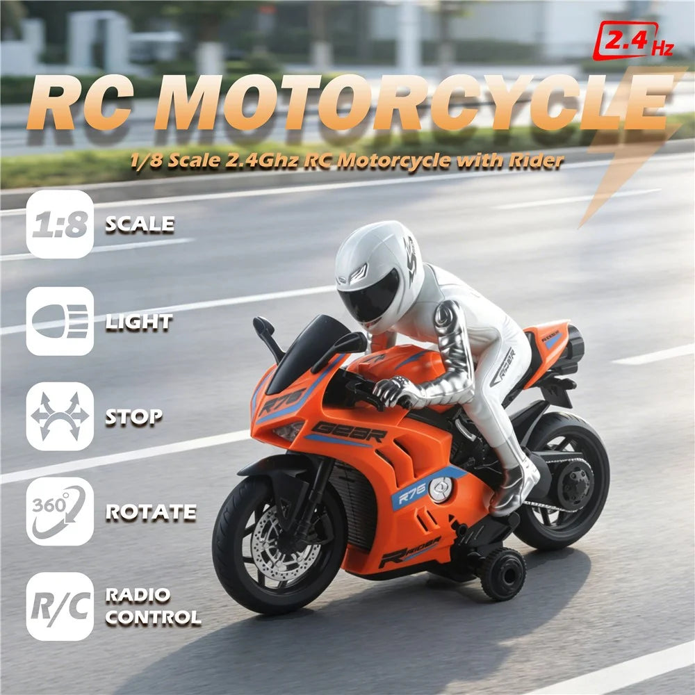 UJ99-MT06 1:8 Scale RC Motorcycle 2.4GHz Remote Control 360° Rotate LED Lights Sound Motorbike RC Toy for Kids - Orange - 5