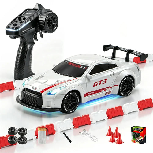 4DRC 4D-H6 1:43 Drift Racing Car 2.4G Remote Control 4WD RC Car with Ambient Light, High-end Version - GTR White - 1