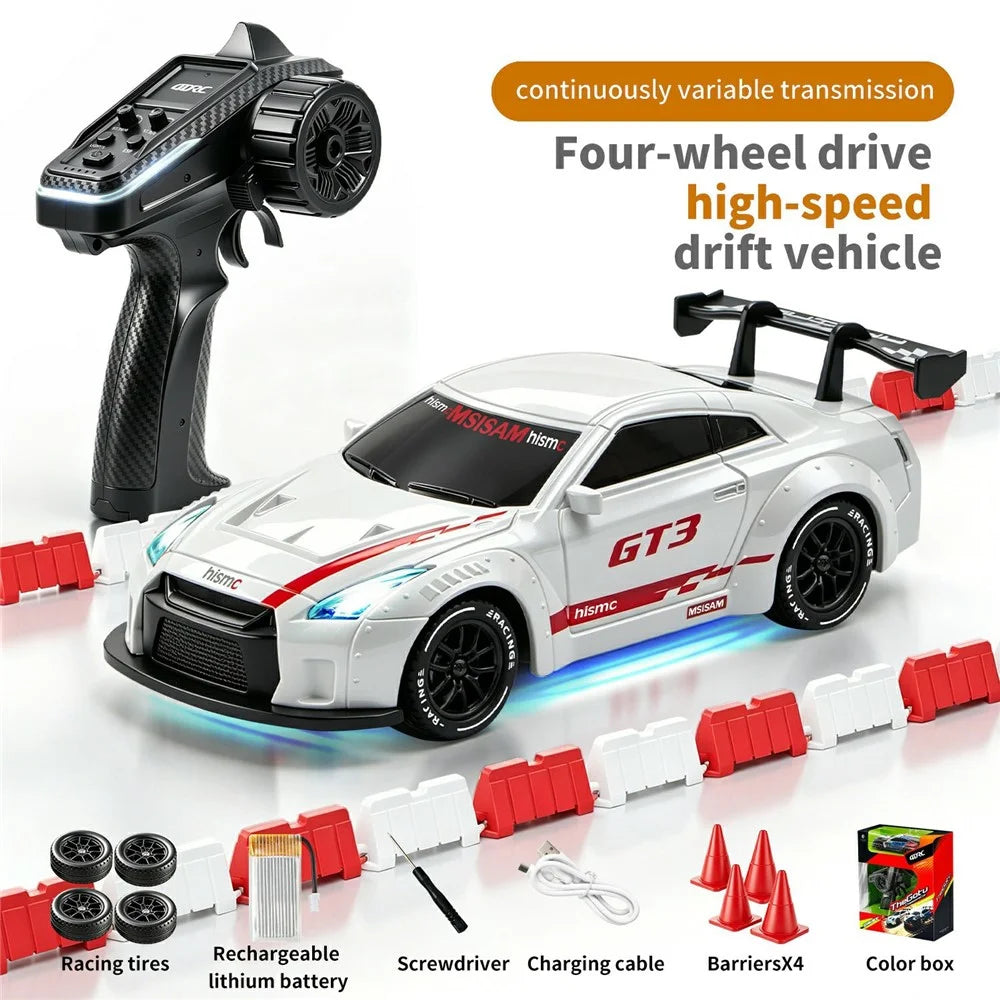 4DRC 4D-H6 1:43 Drift Racing Car 2.4G Remote Control 4WD RC Car with Ambient Light, High-end Version - GTR White - 2