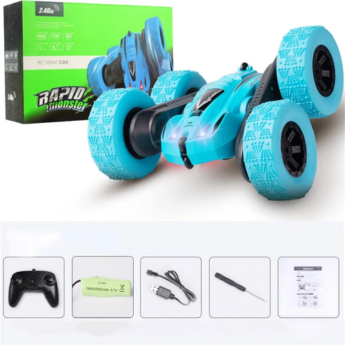 2.4GHz Remote Control Car Double Sided Rotating 360 Degree Flips Vehicle Stunt Toy with Headlight - Blue - 1