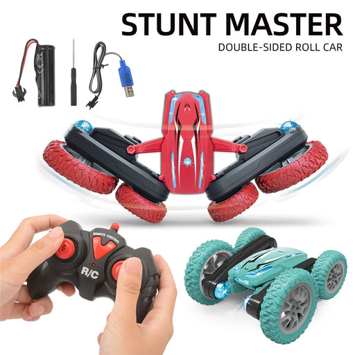 Double-sided Rotating Deformation Stunt 2.4G RC Car Children Boys Remote Control Light Music Car Toy - Red - 2