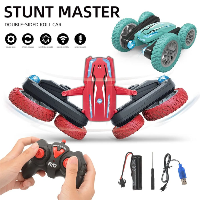 Double-sided Rotating Deformation Stunt 2.4G RC Car Children Boys Remote Control Light Music Car Toy - Red - 5