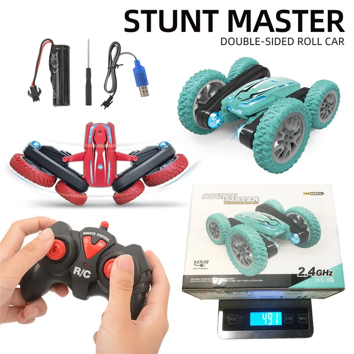 Double-sided Rotating Deformation Stunt 2.4G RC Car Children Boys Remote Control Light Music Car Toy - Red - 6