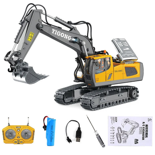 BC1043 11-Channel 2.4G RC Excavator 1 / 20 Scale Remote Control Excavator Metal Construction Vehicle Tractor Toys for Boys and Girls - Yellow / Grey - 1