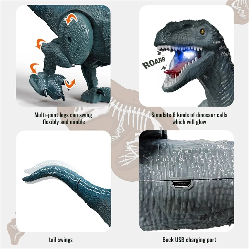 YT6699 2.4G RC Walking Dinosaur Robot Toy Remote Control LED Light Music Emulation Animal Children Toy - Silver / Blue - 7