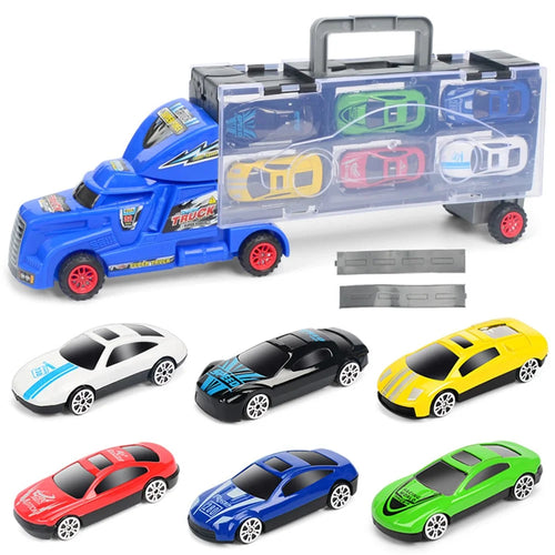 Kid's Container Truck Transport Car Carrier Truck with 6 Mini Stylish Metal Racing Cars and Two Slide Tracks - Blue - 1