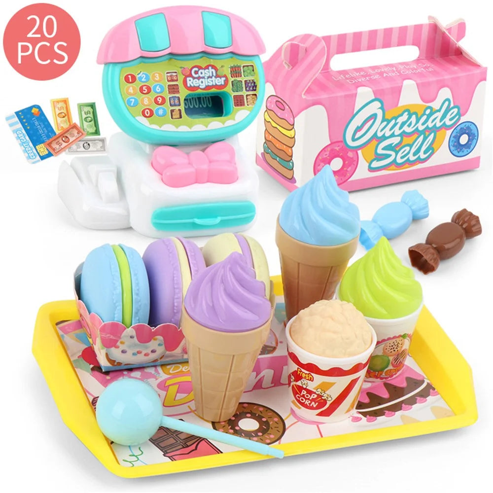 Kids Pretend Play Supermarket Cash Register Set Vegetables Ice cream Shopping Kitchen Toys Kits - Pink - 1