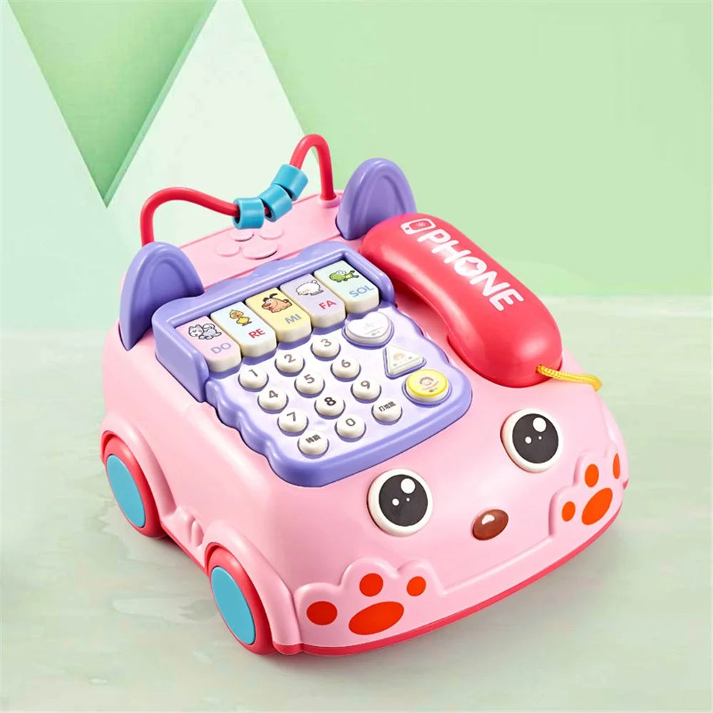Cartoon Shape Early Education Telephone Car Multifunctional Bilingual Phone Car Education Toy - Pink - 1