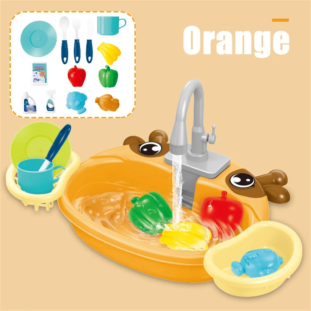 890 Kitchen Sink Toys Set for Kids Automatic Water Cycle System Electric Dishwasher Pretend Toy - Orange - 1