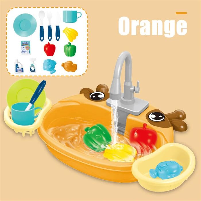 890 Kitchen Sink Toys Set for Kids Automatic Water Cycle System Electric Dishwasher Pretend Toy - Orange - 1