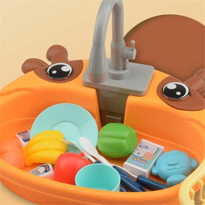 890 Kitchen Sink Toys Set for Kids Automatic Water Cycle System Electric Dishwasher Pretend Toy - Orange - 5