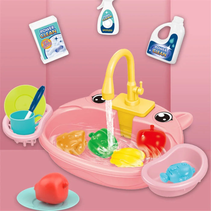 890 Kitchen Sink Toys Set for Kids Automatic Water Cycle System Electric Dishwasher Pretend Toy - Orange - 7