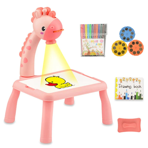 6689 Giraffe Projection Painting Table Drawing Board Projector Graffiti Writing Paint Board Desk Children Educational Toy with Music - Pink - 1
