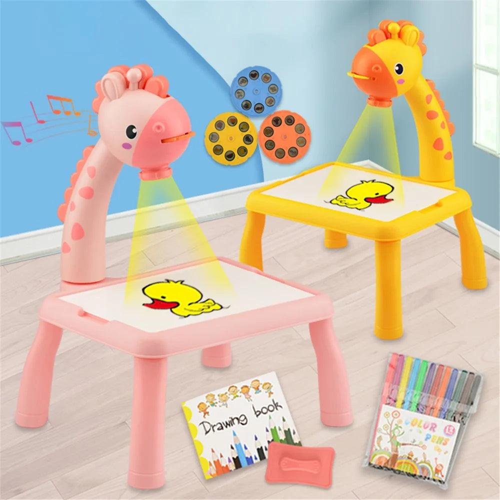 6689 Giraffe Projection Painting Table Drawing Board Projector Graffiti Writing Paint Board Desk Children Educational Toy with Music - Pink - 4