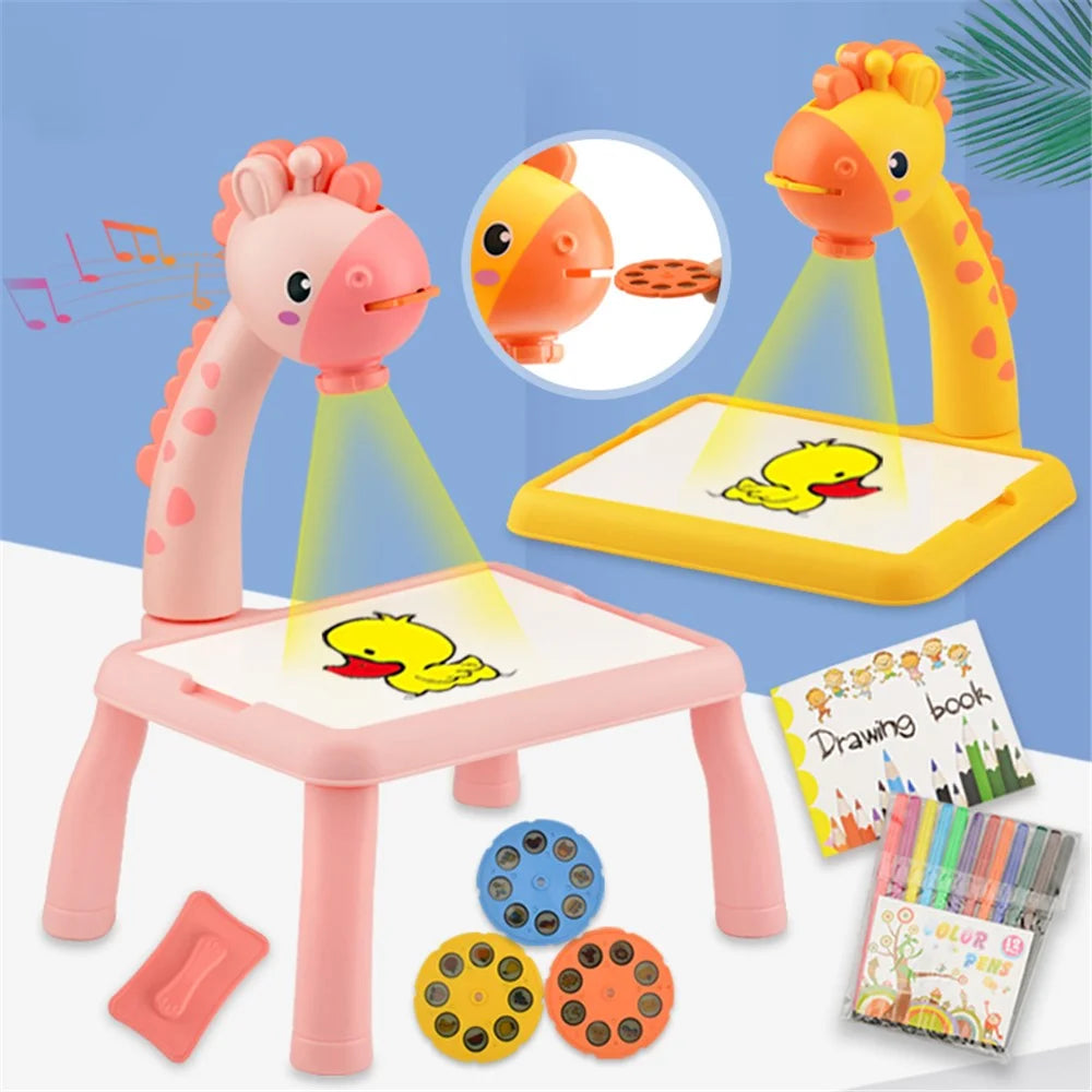 6689 Giraffe Projection Painting Table Drawing Board Projector Graffiti Writing Paint Board Desk Children Educational Toy with Music - Pink - 5