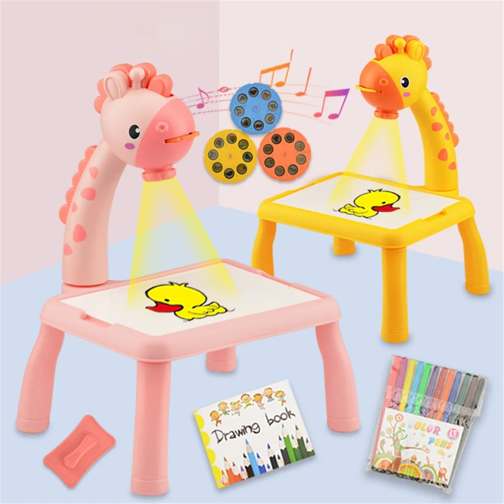 6689 Giraffe Projection Painting Table Drawing Board Projector Graffiti Writing Paint Board Desk Children Educational Toy with Music - Pink - 6