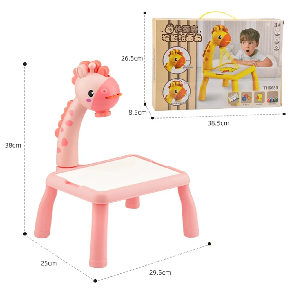 6689 Giraffe Projection Painting Table Drawing Board Projector Graffiti Writing Paint Board Desk Children Educational Toy with Music - Pink - 7