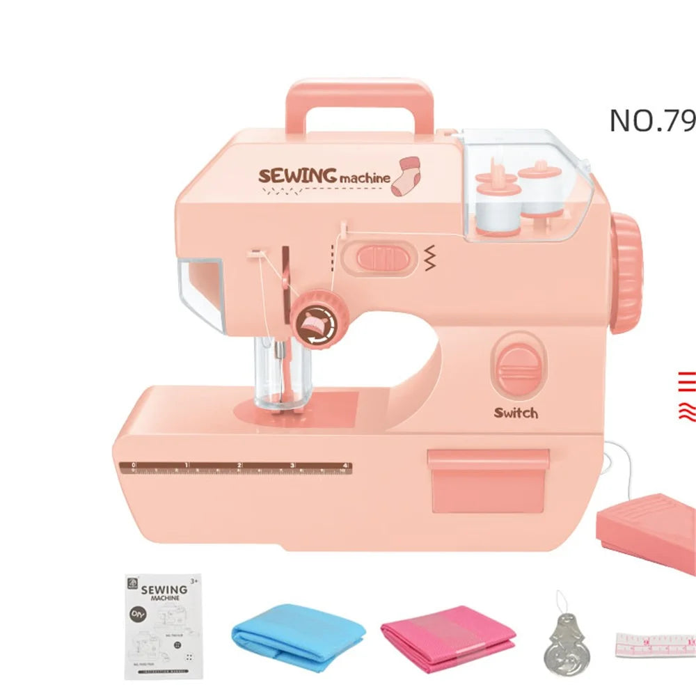 7981 Children Pretend Play Sewing Machine Toy Mini Appliance Electric Sewing Machine Toy with Folding Handle/Lights - Pink - 1