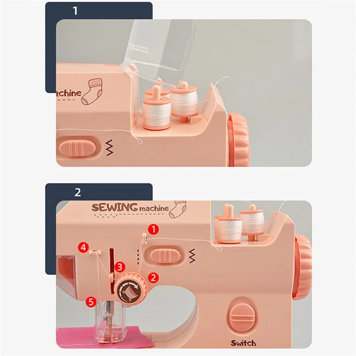 7981 Children Pretend Play Sewing Machine Toy Mini Appliance Electric Sewing Machine Toy with Folding Handle/Lights - Pink - 3
