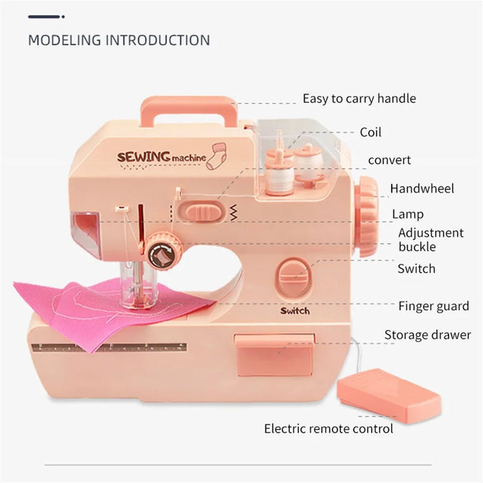 7981 Children Pretend Play Sewing Machine Toy Mini Appliance Electric Sewing Machine Toy with Folding Handle/Lights - Pink - 5