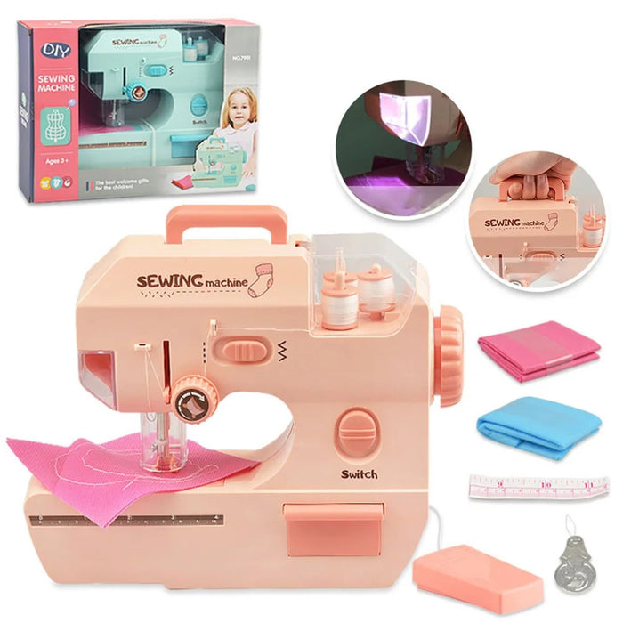 7981 Children Pretend Play Sewing Machine Toy Mini Appliance Electric Sewing Machine Toy with Folding Handle/Lights - Pink - 7