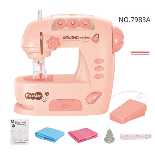 7983 Children Sewing Machine Toy Mini Pretend Play Electric Sewing Machine Toy with Lights (Size: M) - Pink - 1