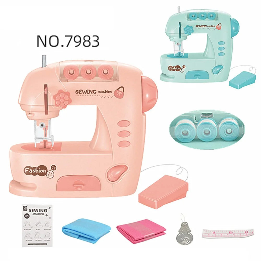 7983 Children Sewing Machine Toy Mini Pretend Play Electric Sewing Machine Toy with Lights (Size: M) - Pink - 4