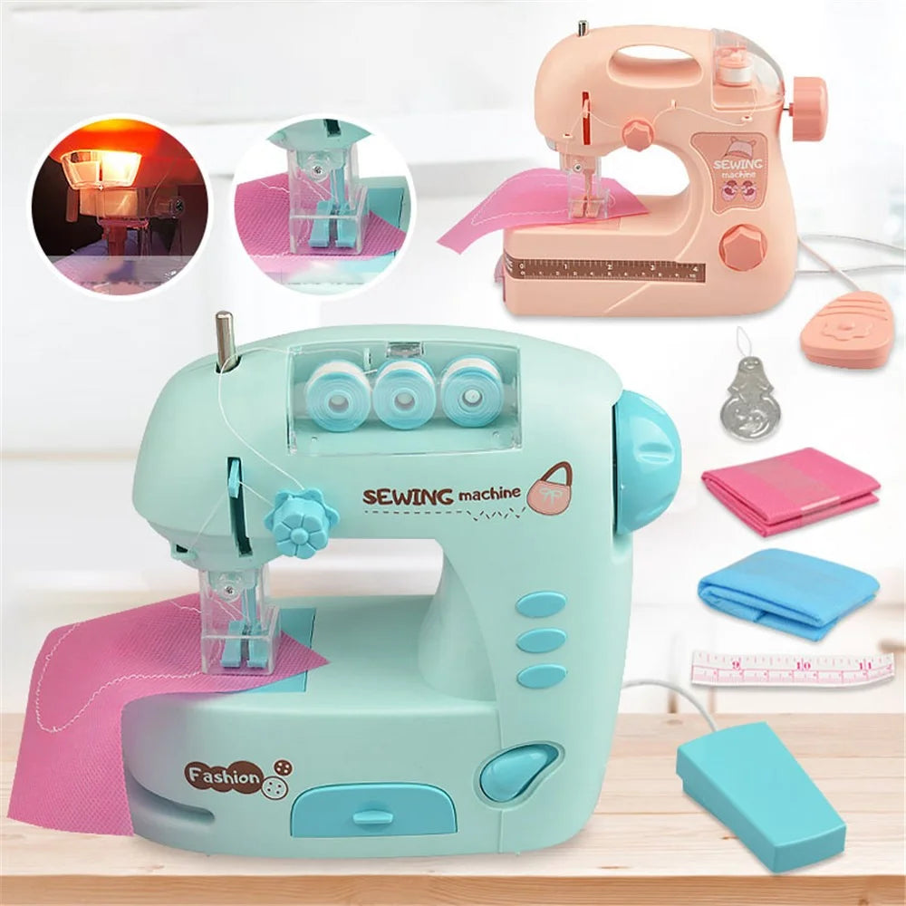 7983 Children Sewing Machine Toy Mini Pretend Play Electric Sewing Machine Toy with Lights (Size: M) - Pink - 5