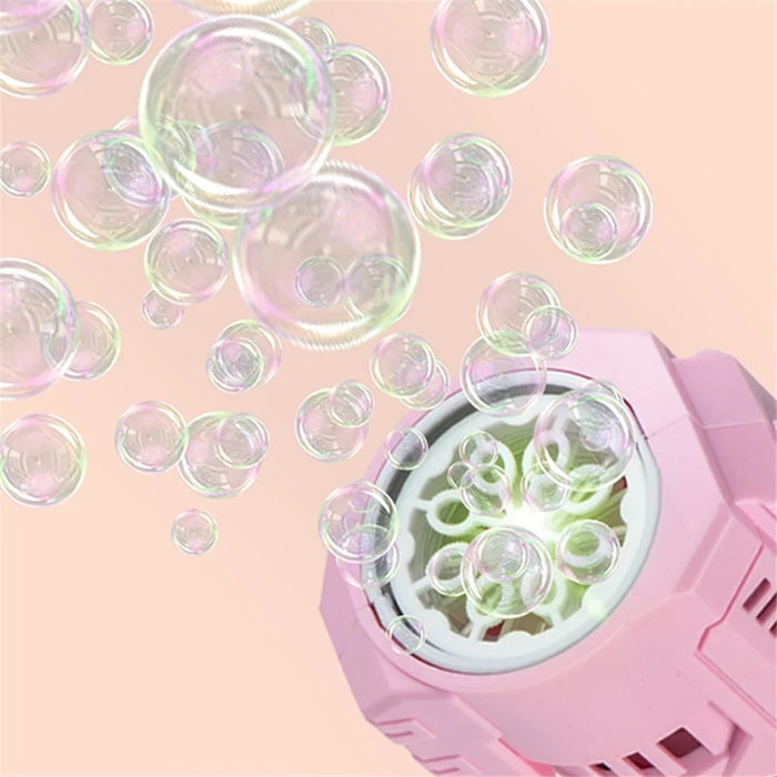 6308 Portable Bubble Machine with 8 Hole Bubble Maker for Kids Automatic Bubble Maker Outdoor Toy with Sound/Light Effect - Pink - 5