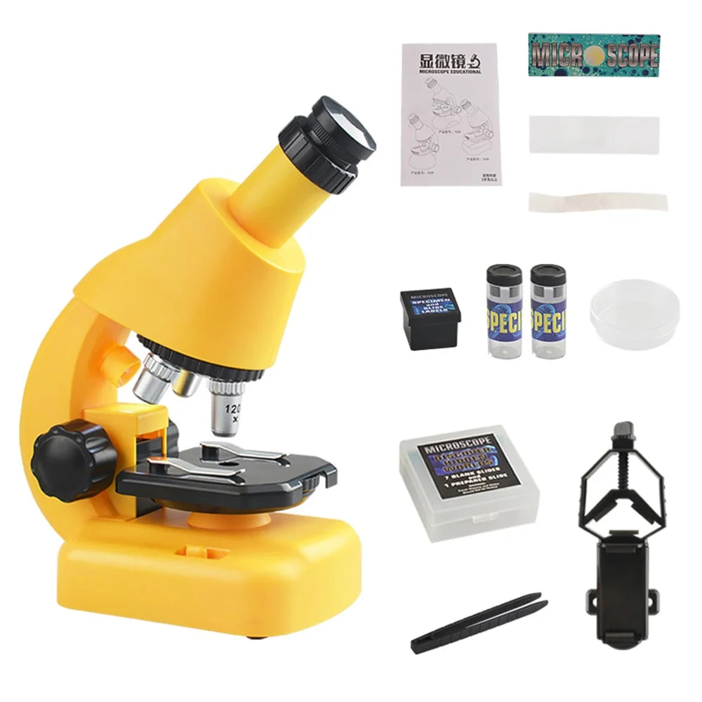 2203/2205 Children Microscope Kit 100X/400X/1200X Magnification Science Toys Microscope Slides with Specimens for Kids Students Microscope STEM Educational Toy - 2205 Yellow - 1