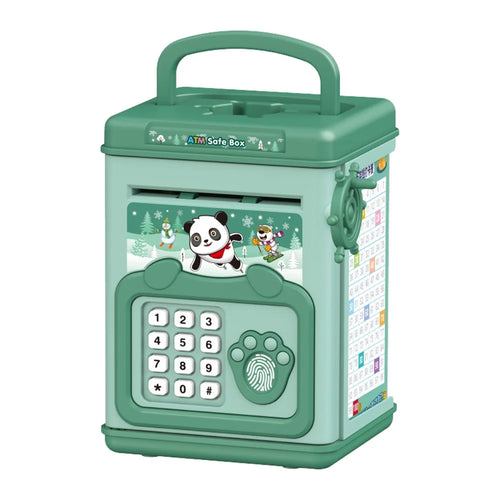 6909 Children Piggy Bank Toy Fingerprint Unlock ATM Password Box with Music Sound Paper Money Treasure Box Educational Toys (Hand Crank Version) - Green - 1