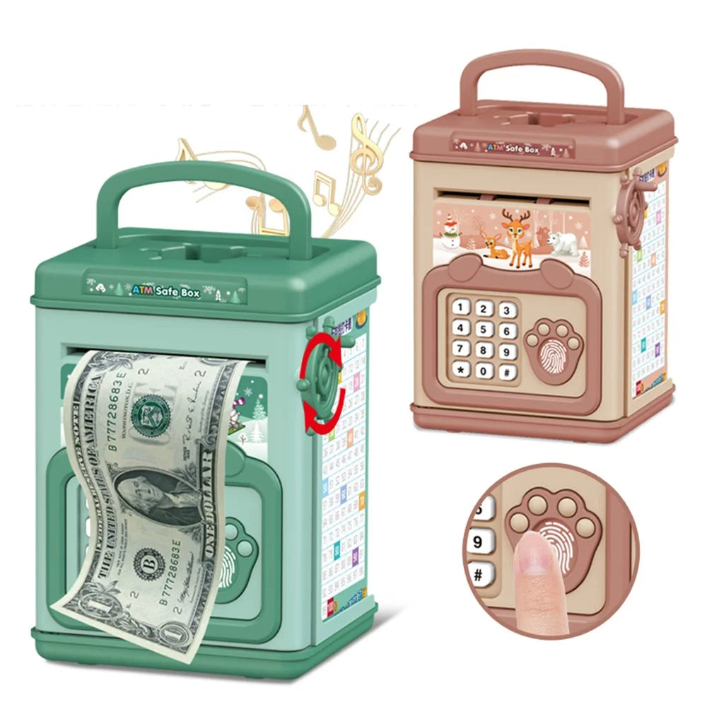 6909 Children Piggy Bank Toy Fingerprint Unlock ATM Password Box with Music Sound Paper Money Treasure Box Educational Toys (Hand Crank Version) - Green - 2