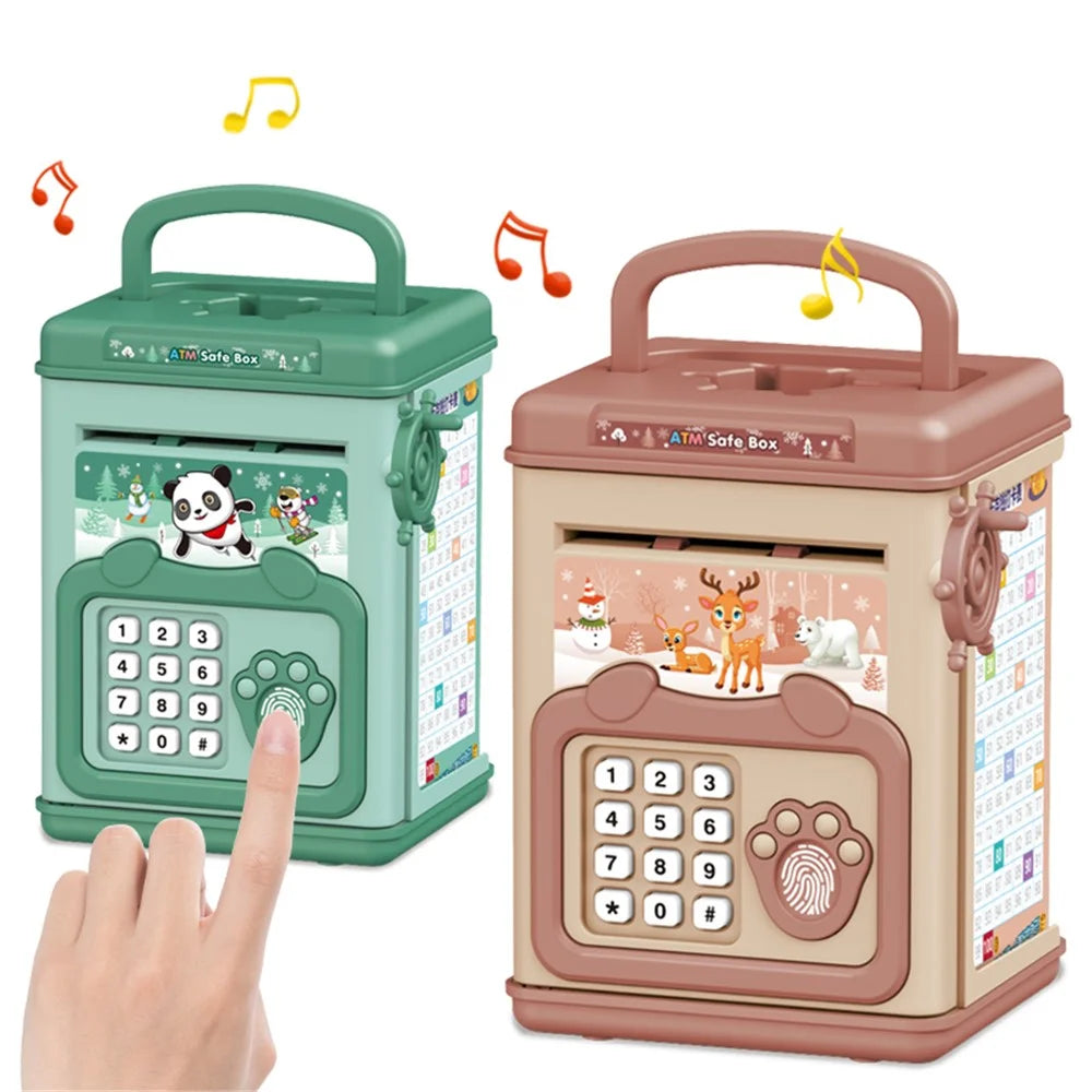 6909 Children Piggy Bank Toy Fingerprint Unlock ATM Password Box with Music Sound Paper Money Treasure Box Educational Toys (Hand Crank Version) - Green - 3