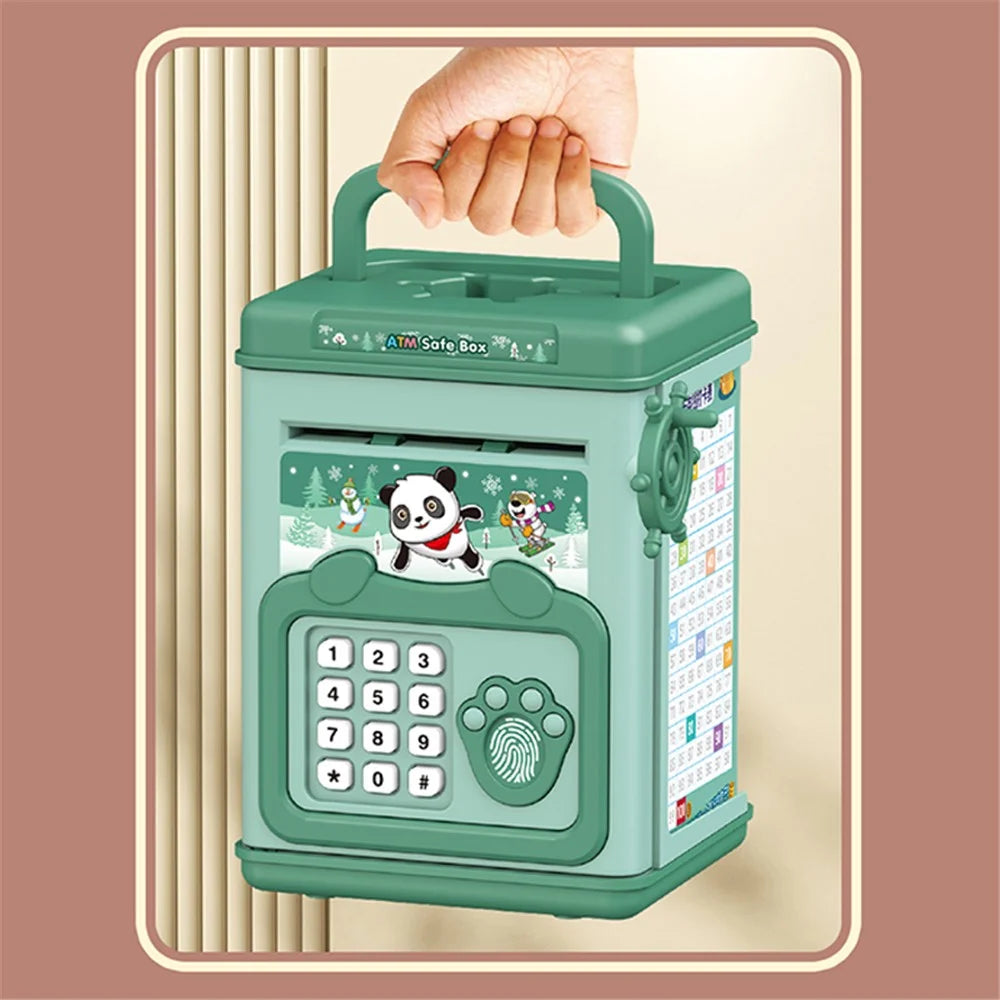 6909 Children Piggy Bank Toy Fingerprint Unlock ATM Password Box with Music Sound Paper Money Treasure Box Educational Toys (Hand Crank Version) - Green - 4