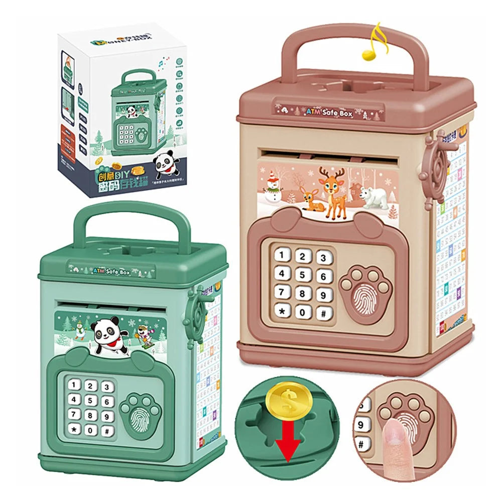 6909 Children Piggy Bank Toy Fingerprint Unlock ATM Password Box with Music Sound Paper Money Treasure Box Educational Toys (Hand Crank Version) - Green - 5