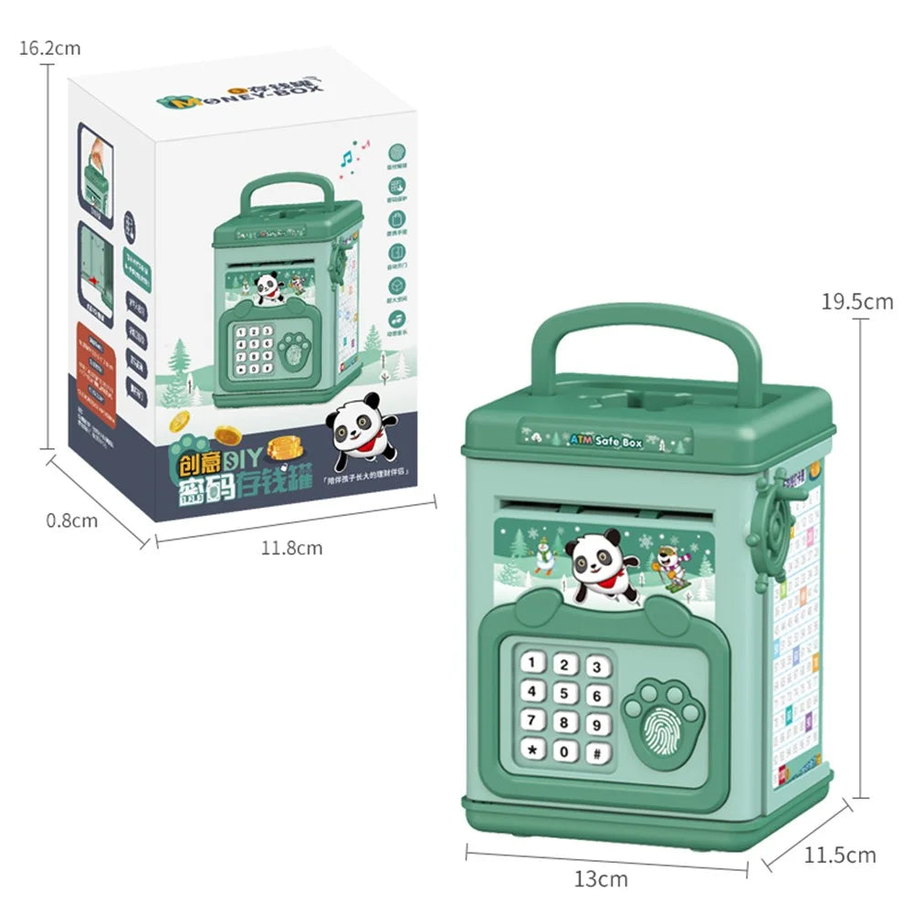 6909 Children Piggy Bank Toy Fingerprint Unlock ATM Password Box with Music Sound Paper Money Treasure Box Educational Toys (Hand Crank Version) - Green - 6