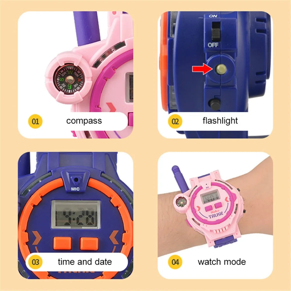 060 2PCS Kid's Walkie Talkie Mini Watch 200m Long Wireless Range Hands-free Talking Flashlight Compass Function Toys Children Birthday Gift (Rechargeable Design) - 4
