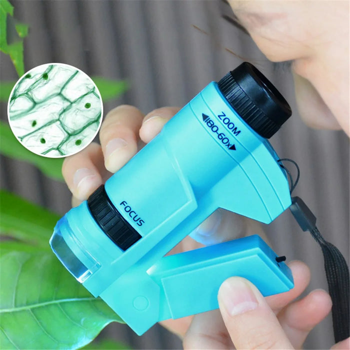60-180x Kids Science Microscope Handheld Observation Microscope with LED Light Children Educational Toy - 2212 Blue - 2